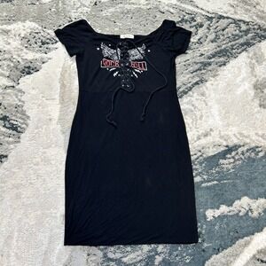 Mikey & Joey Mini Dress Women XL Black Stretch Lace Up Rock N Roll Wings Graphic
